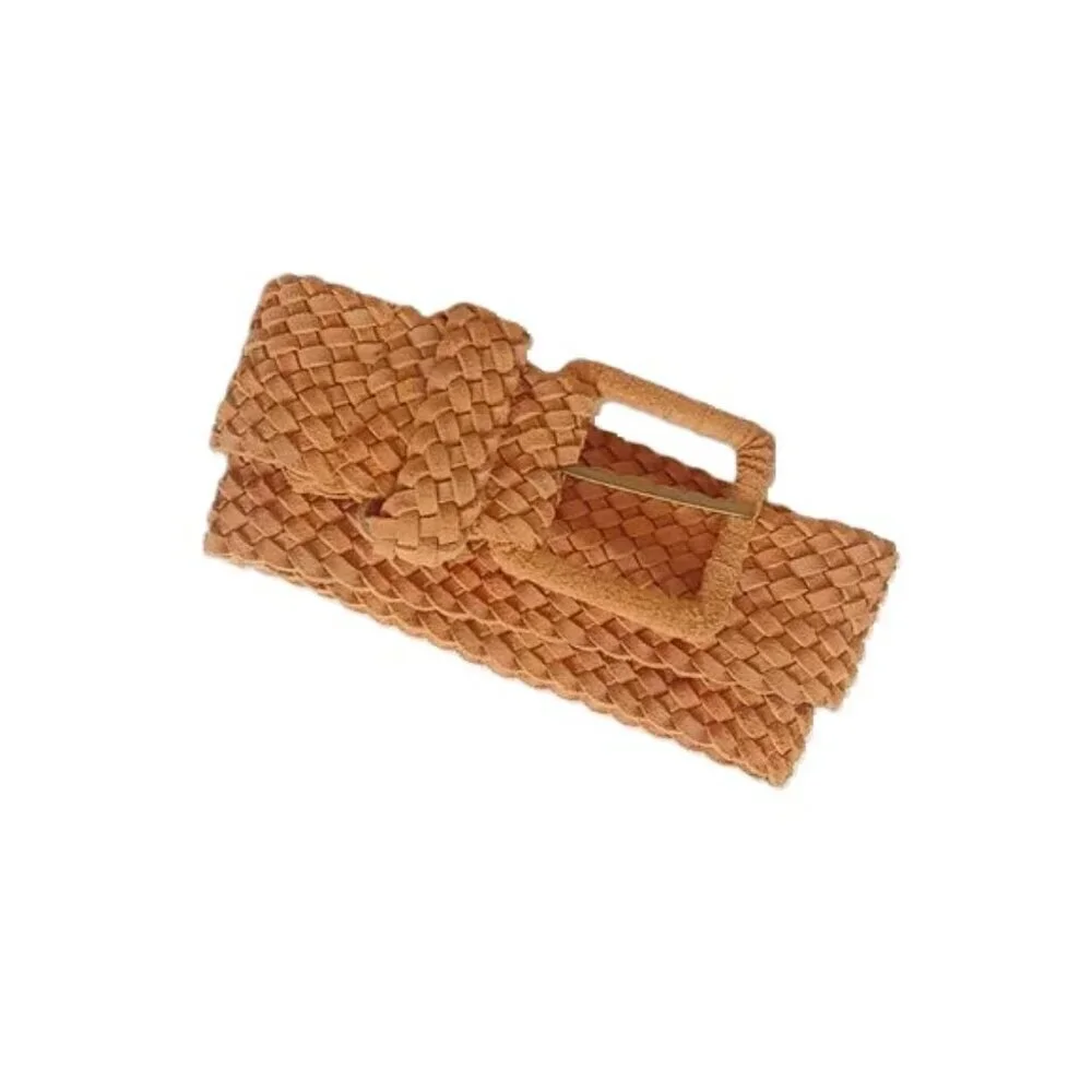 Vintage 70's 80's Leather Woven Belt Western Weave Boho Orange Brown‎
